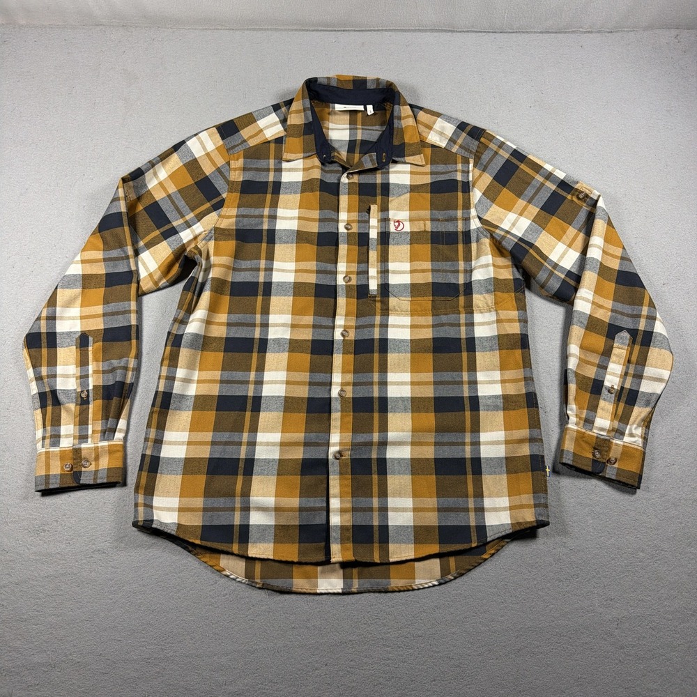 Fjallraven Shirt Mens Medium Yellow Gray Plaid Flannel Button Up Fjallglim